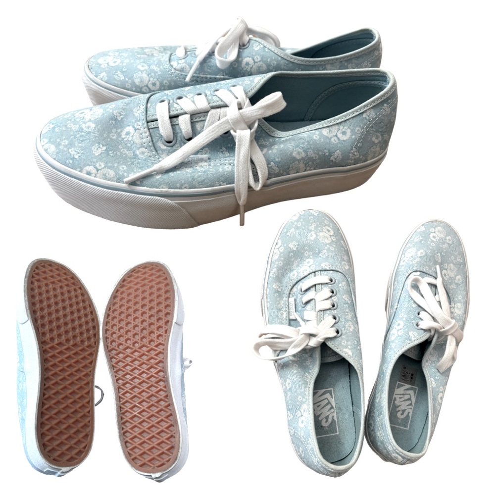 Vans light blue floral platform sneakers, size 9 (women). New